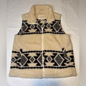 Lucky Brand Sherpa Vest Medium Cream Black Aztec Southwest Fleece Zip Up Women’s